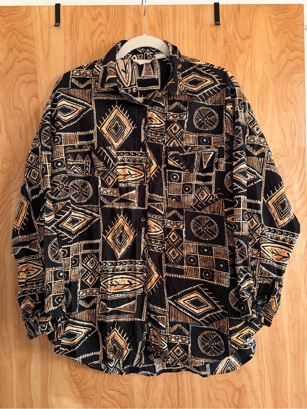 Vintage Black and Tan Geometric Button-Down Shirt